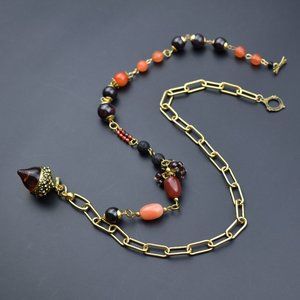 Large long boho pendant necklace, quirky glass acorn charm necklace